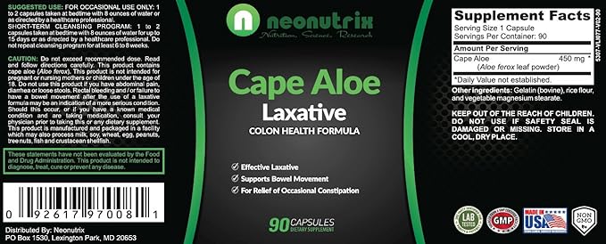 Cape Aloe Natural Laxatives for Constipation Relief- Promotes Healthy Bowel Movement- Supplement for Men & Women - Herbal Detox - 90 Capsules - Made in The USA by Neonutrix