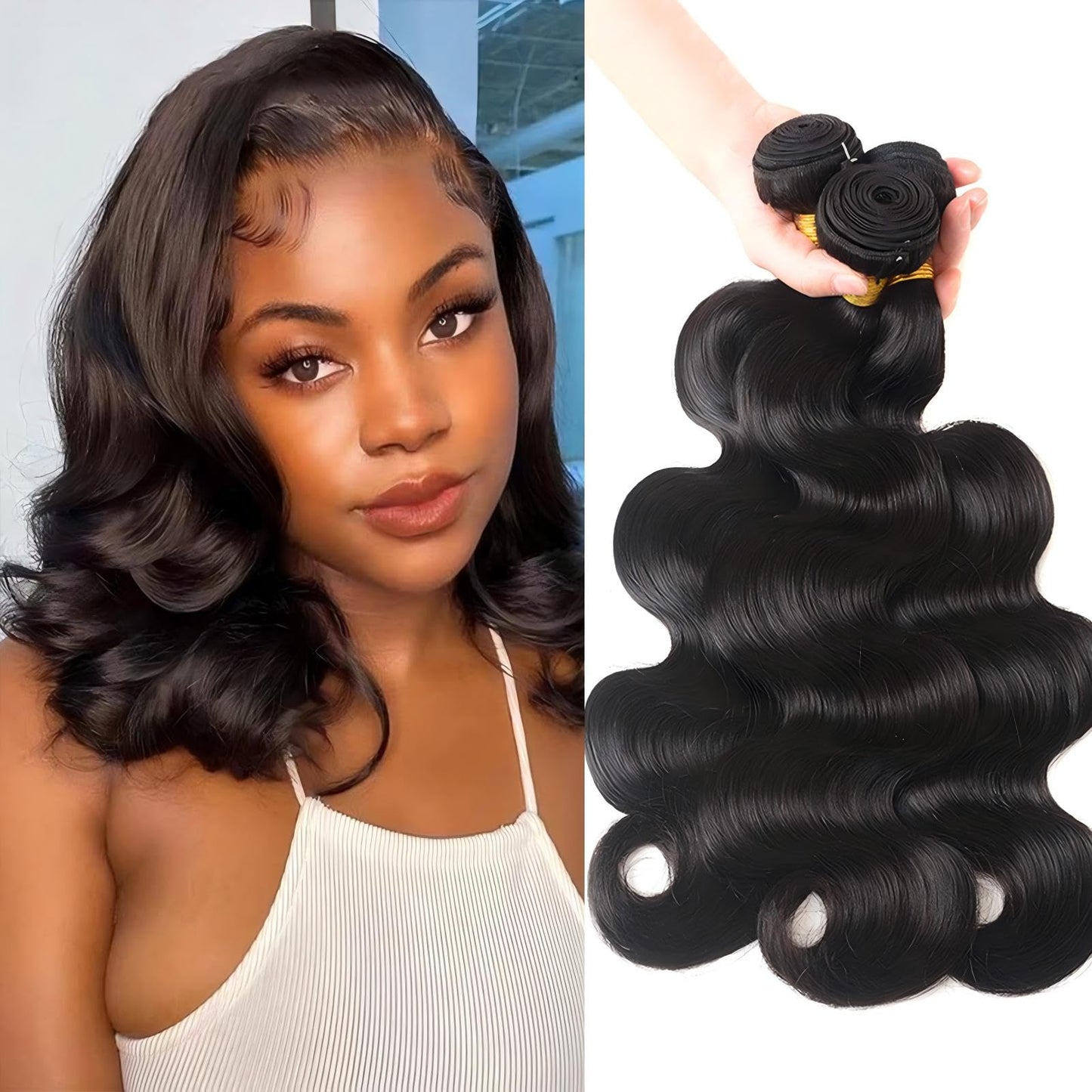 Chikamlty Body Wave Bundles Human Hair 12A Human Hair Bundles 100% Unprocessed Brazilian Virgin Hair Bundles 14 14 14 Inches Wavy Bundles Human Hair Weave Bundles 3 Bundles Human Hair Natural Black