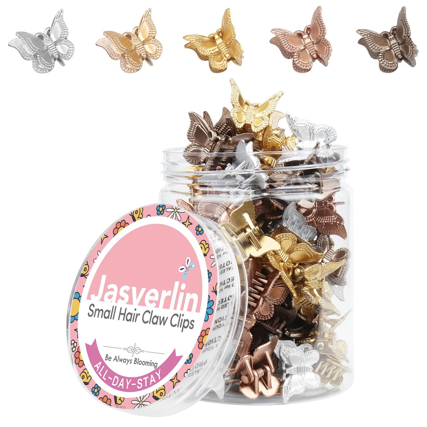 JASVERLIN Mini Butterfly Hair Clips for Girls Kids Women - Y2K Small Tiny Cute Hair Accessories Non-Slip Claws Clip - 90S Silver Gold Brown Color 50 pcs (Metallic Harmony)