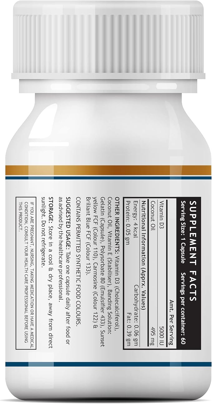 Cholecalciferol Vitamin D3 5000 IU with Coconut Oil for Back Pain Relief, Increased Energy Production, Immune Function, Heart Health, Joints & Muscle Building | Vegan GMP Tested - (60 Count)