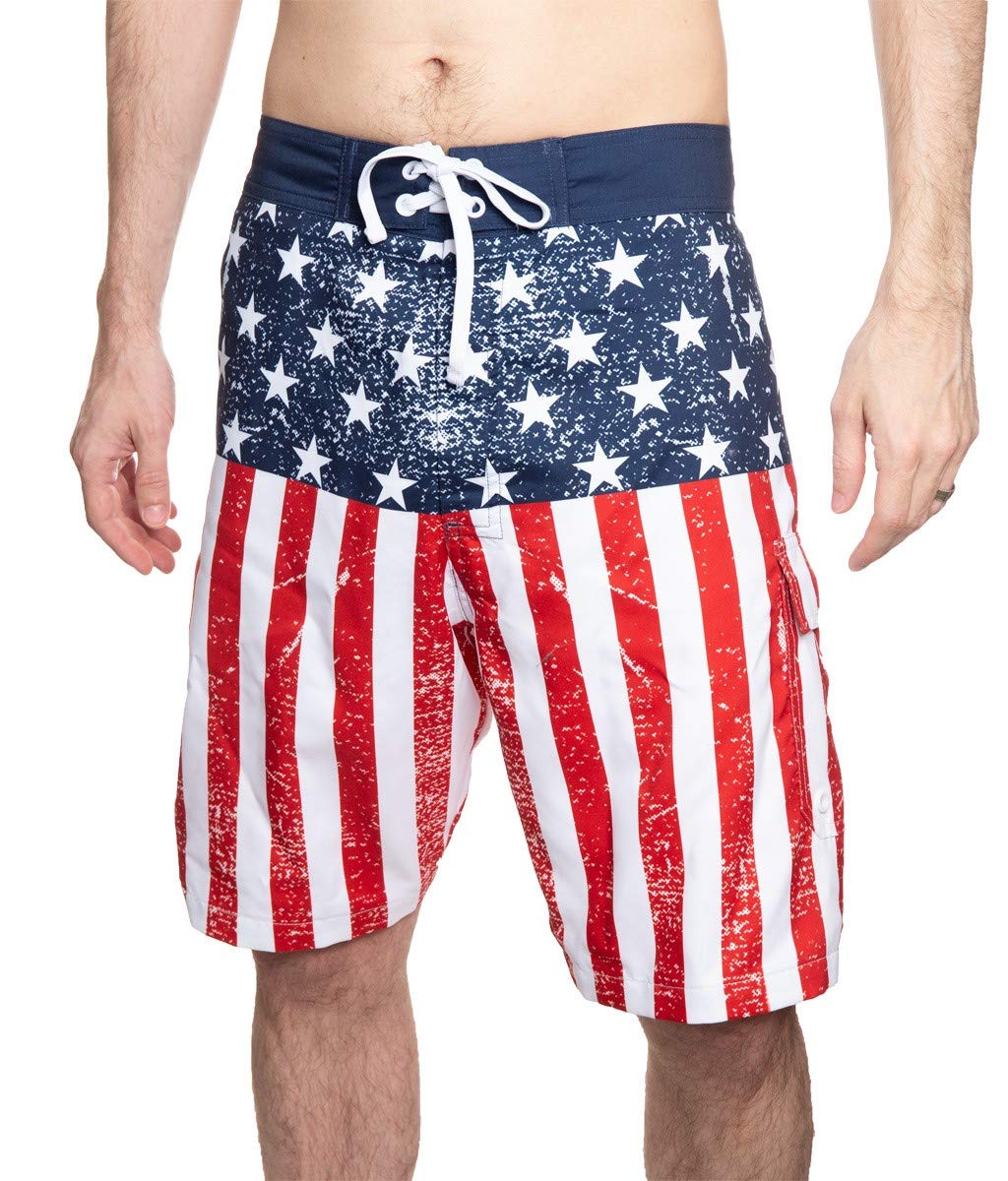 Calhoun Men's Americana USA Flag Fourth of July Swim Board Shorts (USA Distressed, Medium)
