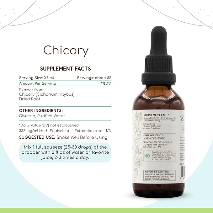 Chicory B60 Alcohol-Free Herbal Extract Tincture, Super-Concentrated Chicory (Cichorium Intybus) Dried Root Powder (2 fl oz)