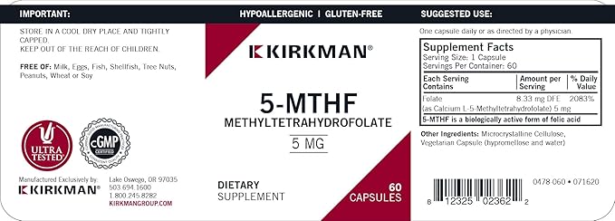 Kirkman 5-MTHF ([6S]-5-Methyltetrahydrofolate) 5 mg - Hypoallergenic | 60 Vegetarian Capsules