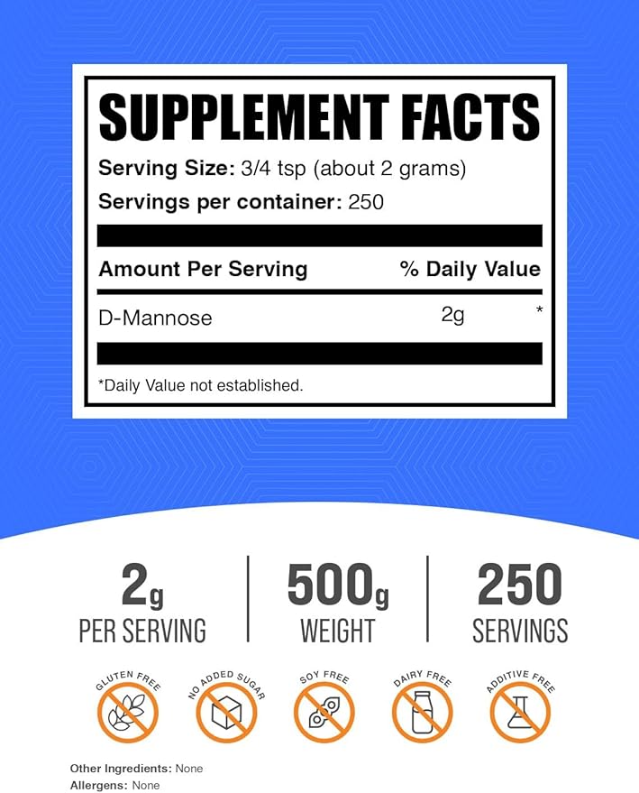 BulkSupplements.com D-Mannose Powder - D-Mannose Supplement, for Urinary Tract Health - Unflavored & Gluten Free, 2g per Serving, 500g (1.1 lbs) (Pack of 1)