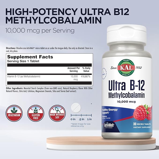 KAL Ultra B12 Methylcobalamin 10,000mcg, High Potency Vitamin B-12 for Healthy Energy, Metabolism, Nerve, Red Blood Cell Support,* Natural Raspberry Flavor, Vegetarian, 30 Micro Tablets, 30 Servings