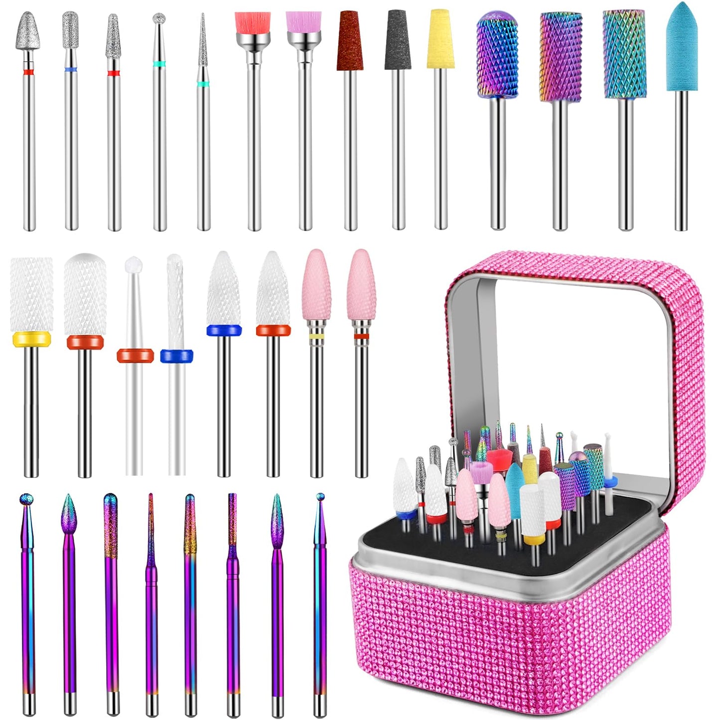 Cellentool 30Pcs Nail Drill Bits Set with Rhinestone Storage Box, 3/32 Inch Ceramic Diamond Carbide Nail Drill Bits for Acrylic Gel Polish, Cuticle Efile Remover for Manicure (Pink)