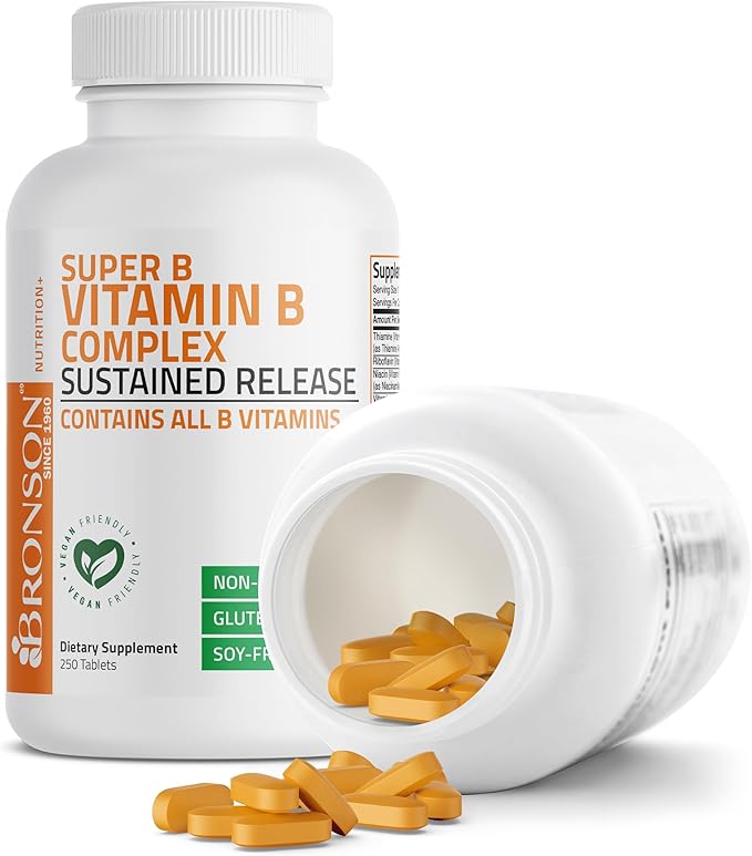 Bronson Super B Vitamin B Complex Sustained Slow Release (Vitamin B1, B2, B3, B6, B9 - Folic Acid, B12) Contains All B Vitamins 250 Tablets
