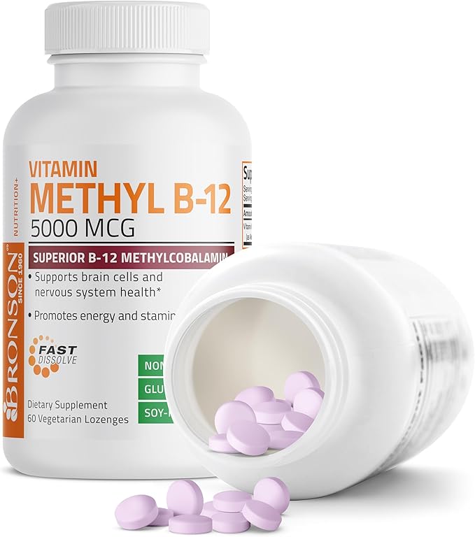 Bronson Methyl B12 5000 mcg Vitamin B12 Methylcobalamin Energy & Brain Support 60 Lozenges