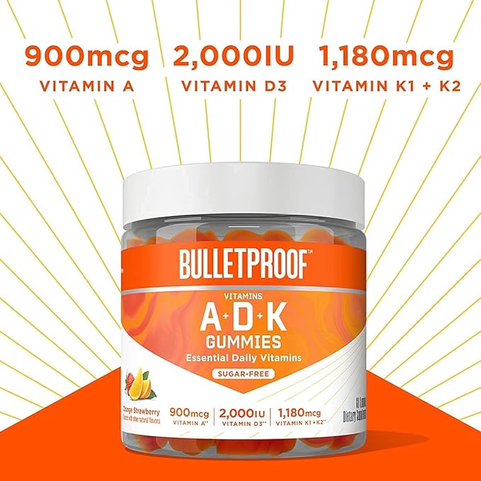 Bulletproof Vitamins A+D+K, 60 Sugar-Free Gummies, Strawberry Orange Flavor |Turmeric Sugar-Free Gummies, 60 Count, Peach Ginger