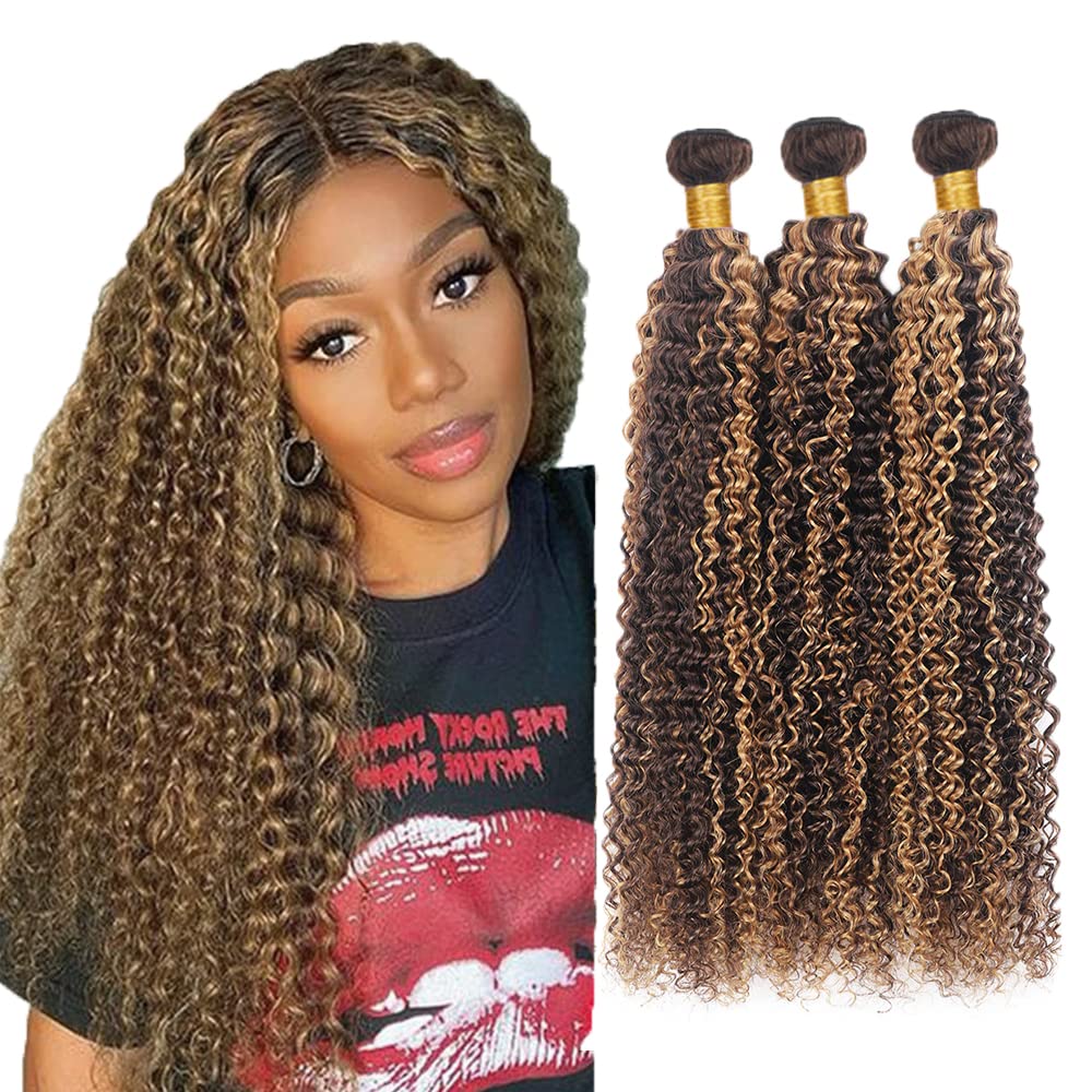 Brown Highlight Bundles Ombre Kinky Curly Human Hair Bundles Brazilian Unprocessed Virgin Remy Hair 3 Bundles 10 12 14 Inch Two Tone Brown Curly Bundles Human Hair Weave P4/27 Bundles
