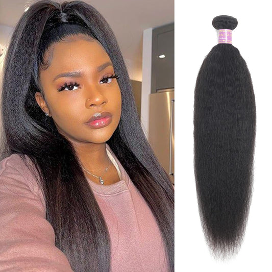 Kinky Straight Human Hair Bundles 16Inch Yaki Straight Human Hair Extensions 1 Bundles Unprocessed Brazilian Virgin Kinky Straight Human Hair For Black Women Natural Black
