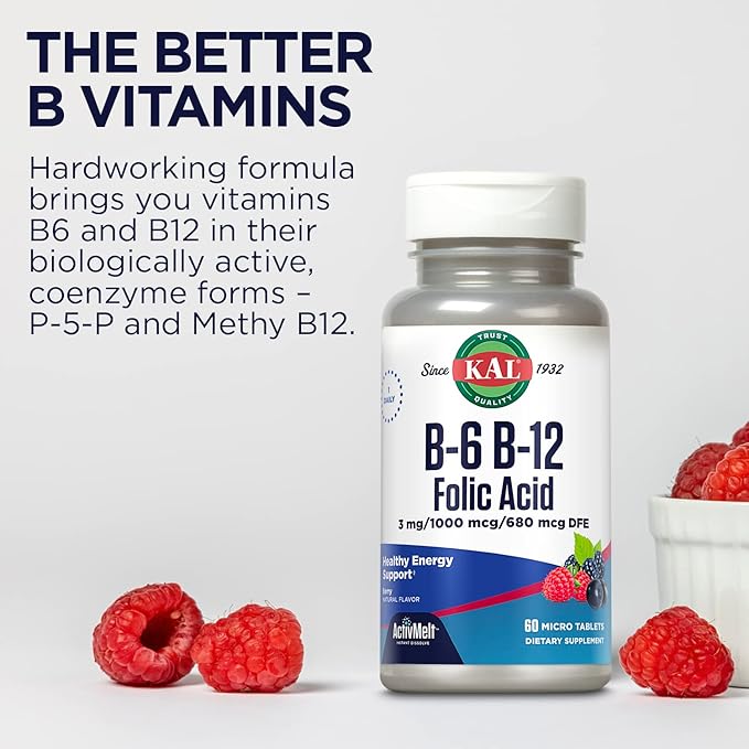 KAL Vitamin B-6, B-12 & Folic Acid Supplement, Heart Health, Energy & Red Blood Cell Support*, with Vitamin B12 Methylcobalamin & Folate, Natural Berry Flavor, 60 Servings, 60 ActivMelt Micro Tablets
