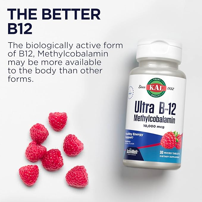 KAL Ultra B12 Methylcobalamin 10,000mcg, High Potency Vitamin B-12 for Healthy Energy, Metabolism, Nerve, Red Blood Cell Support,* Natural Raspberry Flavor, Vegetarian, 30 Micro Tablets, 30 Servings