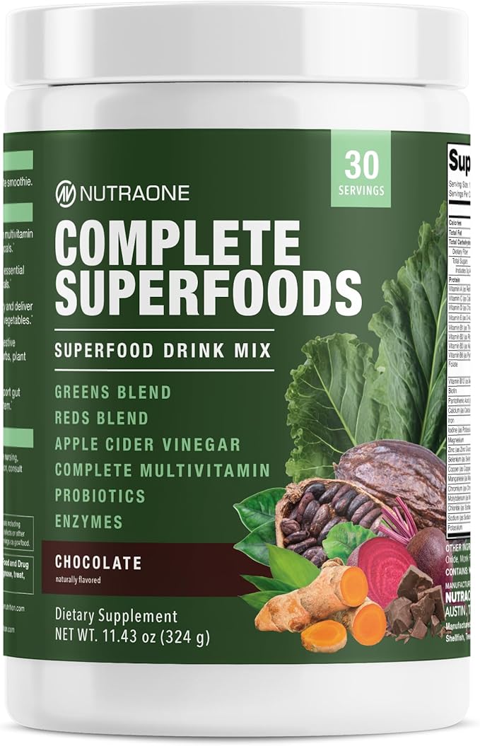 Complete Superfoods, Greens & Reds Blend*, Apple Cider Vinegar, Digestive Enzyme Blend*, Probiotic Blend*, Multivitamin* (Chocolate - 30 Servings)