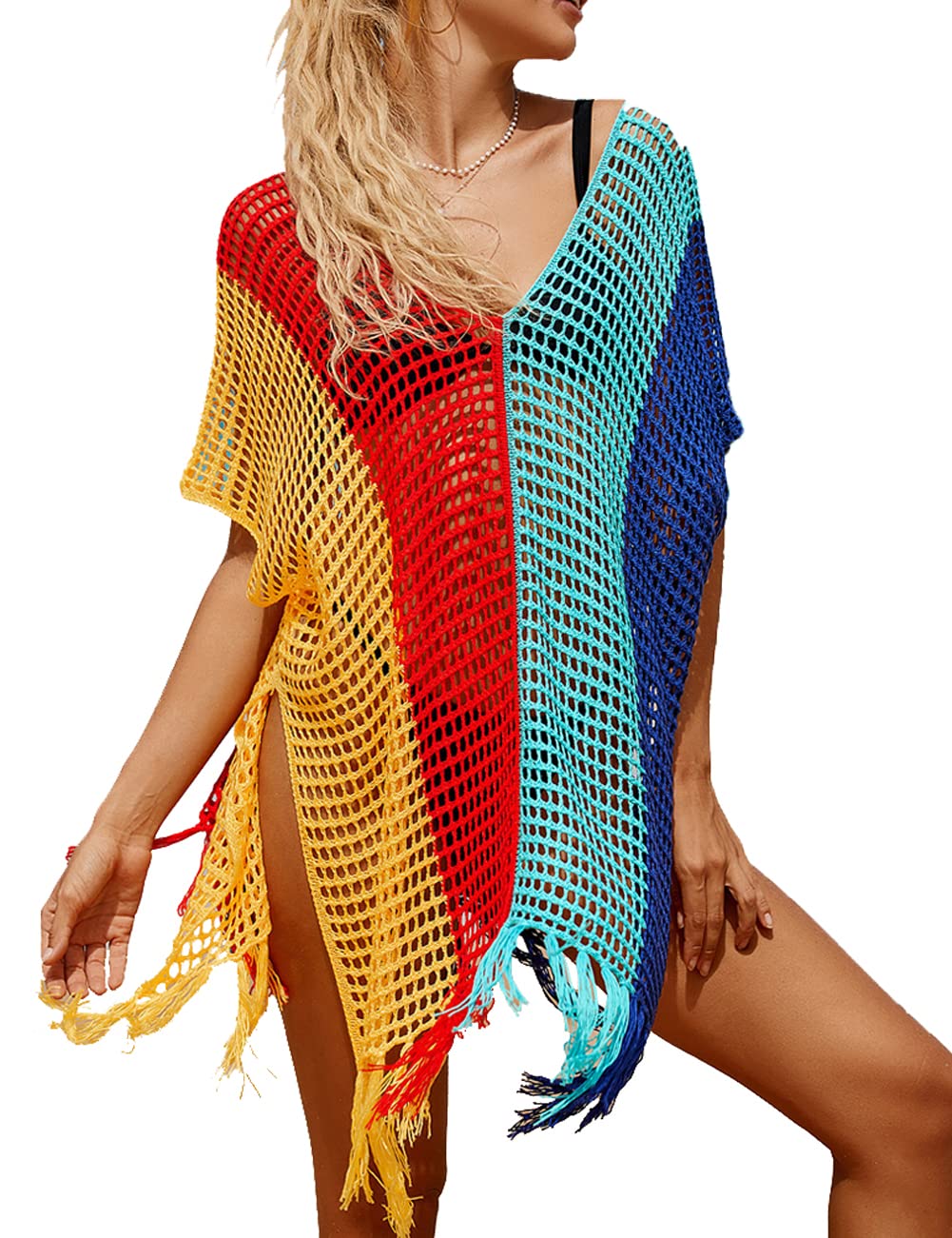Ckikiou Loose Crochet Batwing Short Sleeve Tassel Swimsuit For Women Summer Cute Striped Color Block Boho Beach Cover Up