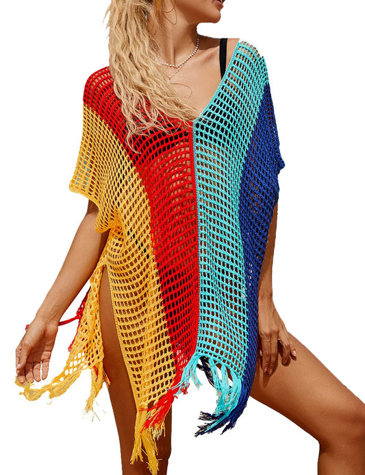 Ckikiou Loose Crochet Batwing Short Sleeve Tassel Swimsuit For Women Summer Cute Striped Color Block Boho Beach Cover Up