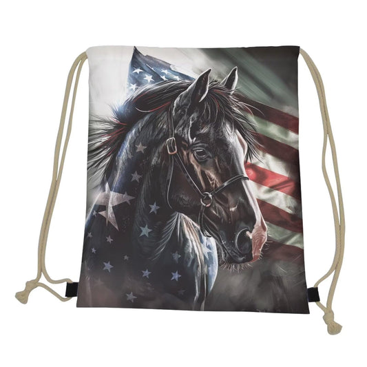 COEQINE Girls Trip Drawstring Backpack Horse American Flag 4th of July Middle High School Sport Book Bag