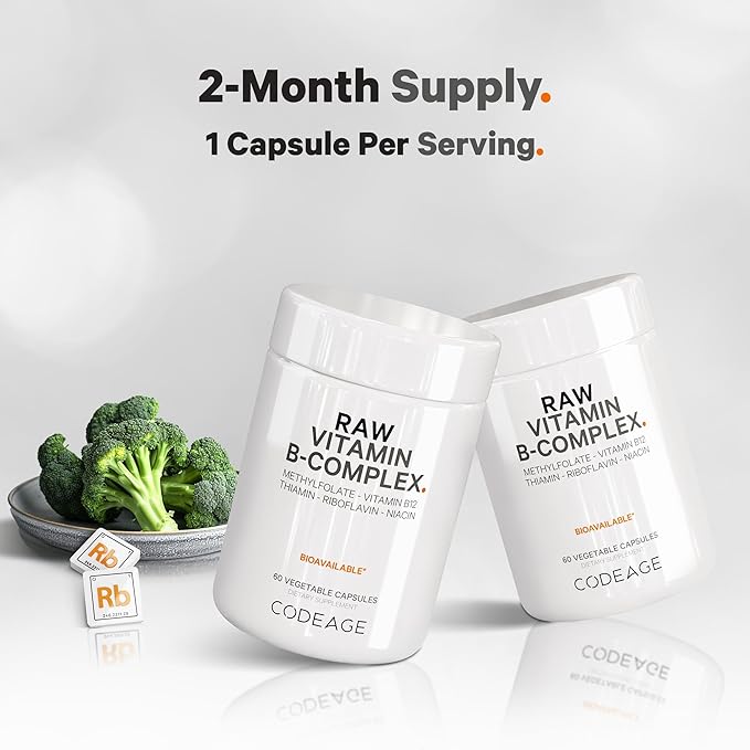 Codeage Raw Vitamin B-Complex Supplement - Essential B Vitamins with Probiotics, Digestive Enzymes, Fruits & Vegetables - 2-Month Supply - Methylfolate - Biotin - Vitamin B12 - Non-GMO - 60 Capsules