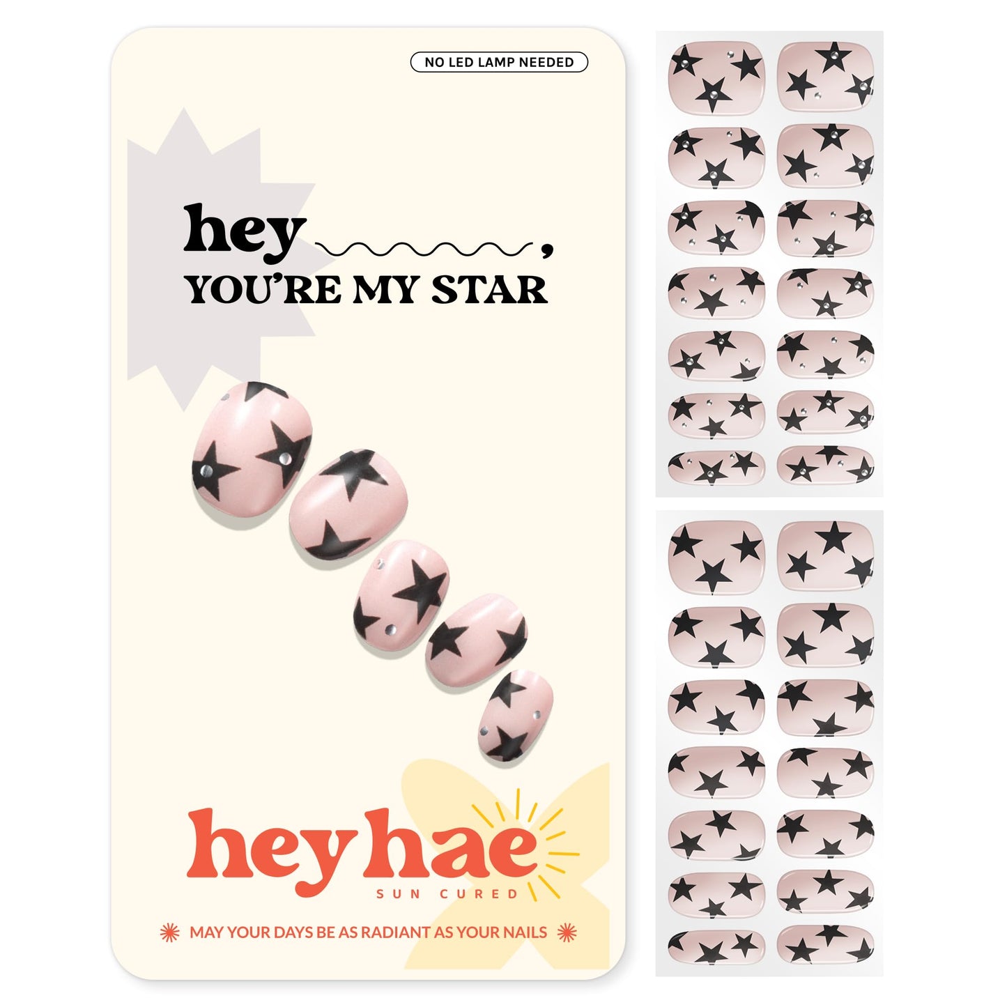 Heyhae Semi Cured Gel Nail Strips | Sun Cured No LED Lamp Needed Easy Apply & Remove | Includes 28 Strips, 1 Prep Pad, 1 Nail File & 1 Wooden Stick - Hey, You’re My Star