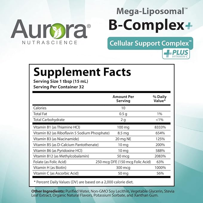 Aurora Nutrascience Mega-Liposomal B-Complex + Vitamin C, Supports Energy, Immune & Nervous System Health, Gluten Free, Non-GMO, Sugar-Free, Organic Fruit Flavor, 32 Servings, 16 Fl oz