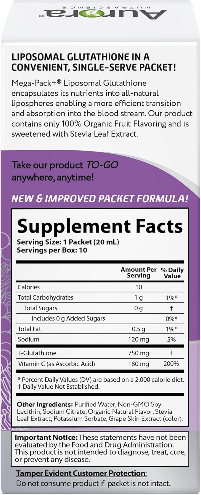 Aurora Nutrascience Mega-Liposomal Liquid Glutathione, Immune & Antioxidant Gut Health Support Supplement, 750 mg per Serving, Non-GMO, Sugar-Free, 10 Single Serve Packets