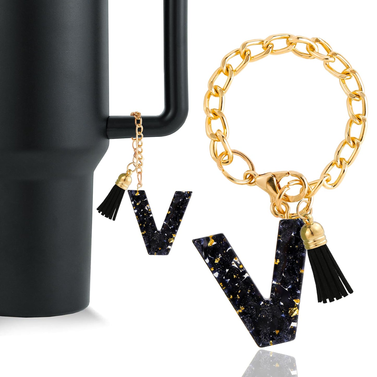 Letter Charm Accessories for Stanley Cup 1 PCS Cute Initial Keychain Handle Charm for Stanley Tumbler for Women Black Letter V