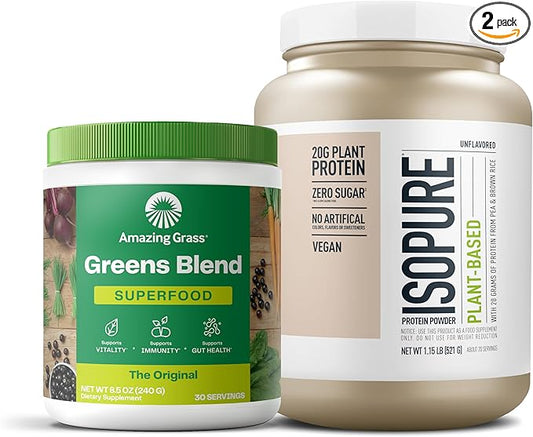 Bundle of Amazing Grass Greens Superfood Powder: Original, 30 Servings + Isopure Unflavored Vegan Protein Powder, Plant Based, Organic Pea Protein, Dairy Free, 20 Servings (Packaging May Vary)