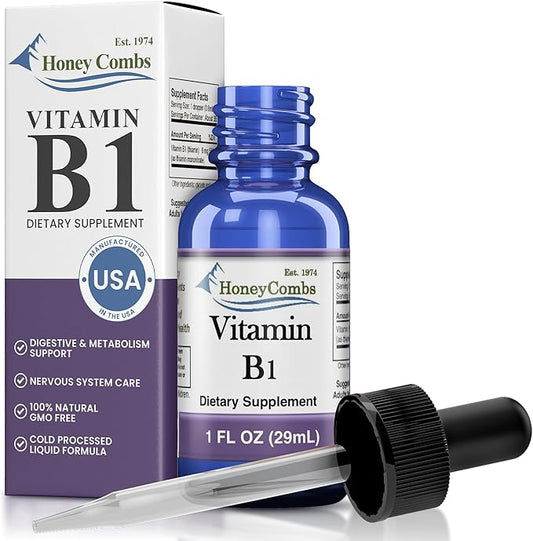 HoneyCombs Vitamin B1 Supplement (Thiamine) Liquid Drops - High Potency Thiamine B1 Supplement for Men & Women - Maintain Nervous System, Energy & Overall Health - Vegan Liquid B Vitamins (1 Fl oz)