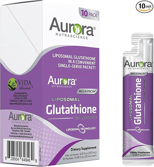 Aurora Nutrascience Mega-Liposomal Liquid Glutathione, Immune & Antioxidant Gut Health Support Supplement, 750 mg per Serving, Non-GMO, Sugar-Free, 10 Single Serve Packets