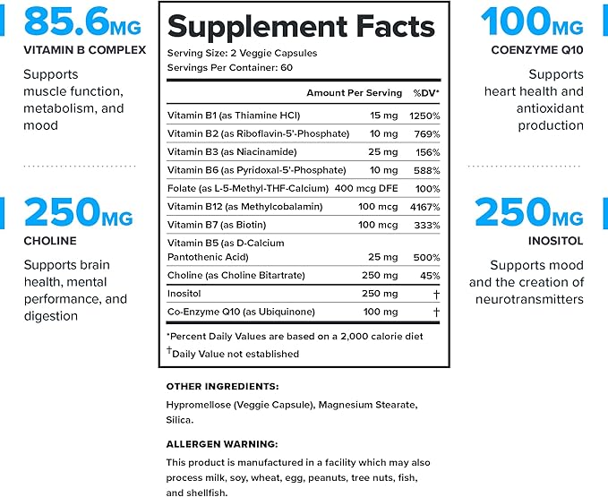 LEGION Vitamin B-Complex (120 Capsules) - Vitamin B Complex with Choline and Inositol Supports Mood & Liver Function - Vegan B Complex Vitamins Support Energy Metabolism & Muscle Function