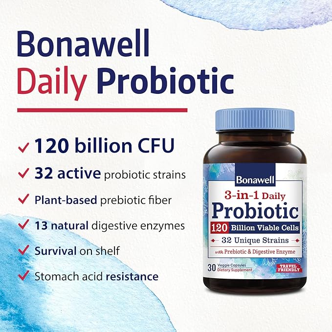 Bonawell Probiotics 120 Billion CFU 32 Strains with Prebiotics, Digestive Enzymes for Gut Health, 3-in-1 Daily Probiotic, Shelf-Stable, Delayed-Release, 30 Veggie Caps