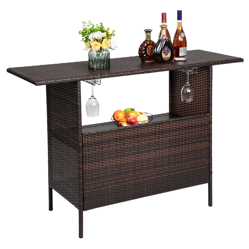 HiiKaa Patio Wicker Bar Table,Outdoor Rattan Counter Table with Steel Storage Shelves & Wine Rack for Party,Picnic,Poolside and Backyard,Brown