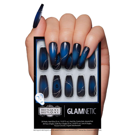 Beetlejuice Beetlejuice™ x Glamnetic Press On Nails - Ghost House™| Opaque Black & Navy Graphic Long Coffin False Nails, Reusable Stick On Fake Nails with Glue | Salon Quality | 15 Sizes - 30 Nail Kit