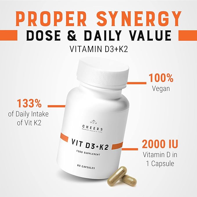 CHEERS - Vitamin D3 (a Natural Form of Vitamin D) & Vitamin K2 Food Supplement for Adults, 133% Daily Intake VIT K2 – 2000 IU Vitamin D in 1 Capsule Gluten-Free - for Men and Women