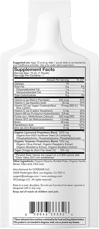 Codeage Multivitamins For Teens, Liquid Vitamin C for Teenagers, Vitamin A B6 B12 D3 E For Kids, Biotin Zinc Omega-3 Folate, Liposomal Vitamins Supplement, One Daily Sachet, Vegan, Non-GMO, 30 Pouches