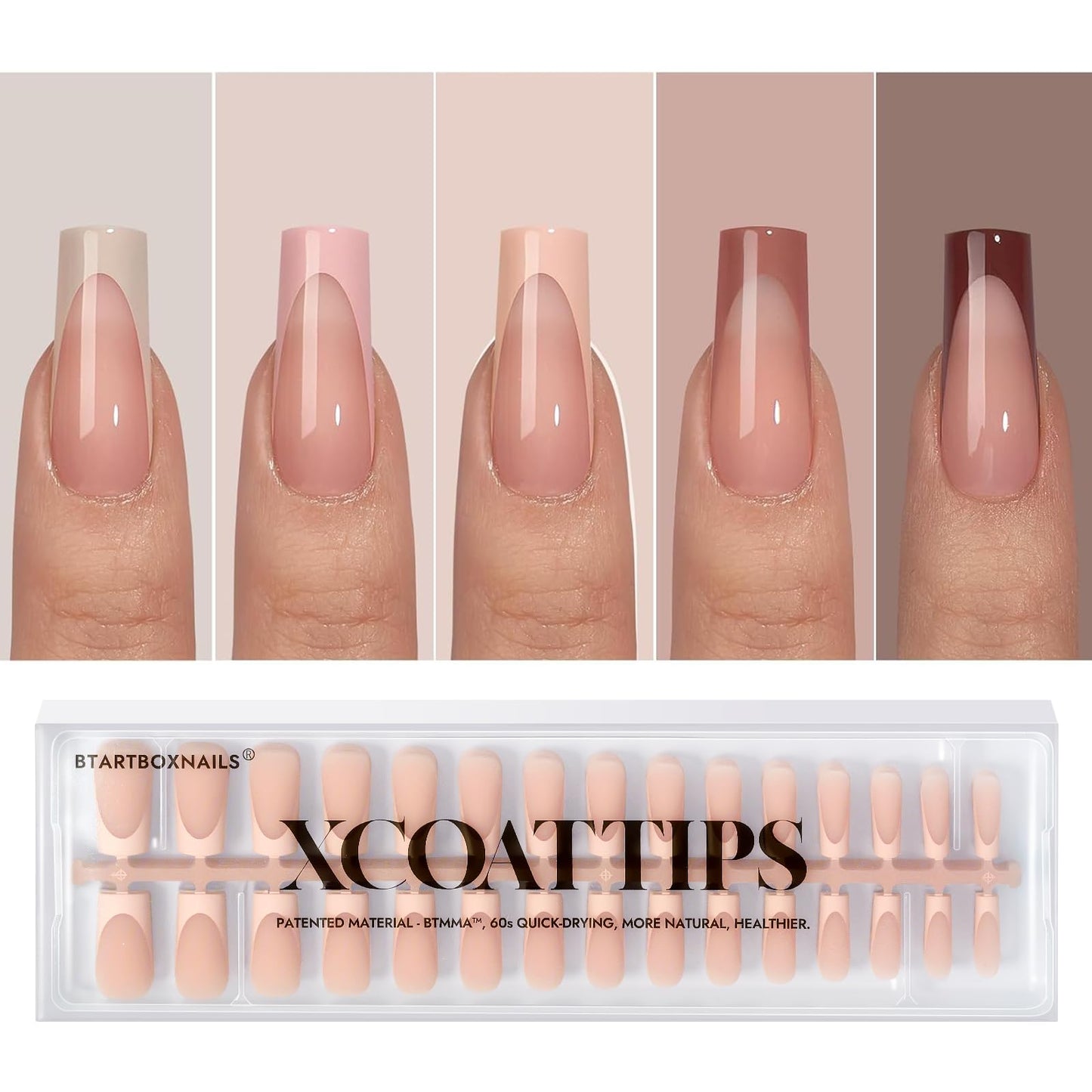 BTArtboxnails XCOATTIPS Press on Nails - French Tip Nails Long Square, Skin Tones Soft Gel Material Acrylic Fake False Nails Extension Gift for DIY at Home