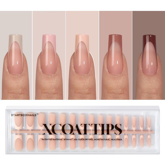 BTArtboxnails XCOATTIPS Press on Nails - French Tip Nails Long Square, Skin Tones Soft Gel Material Acrylic Fake False Nails Extension Gift for DIY at Home