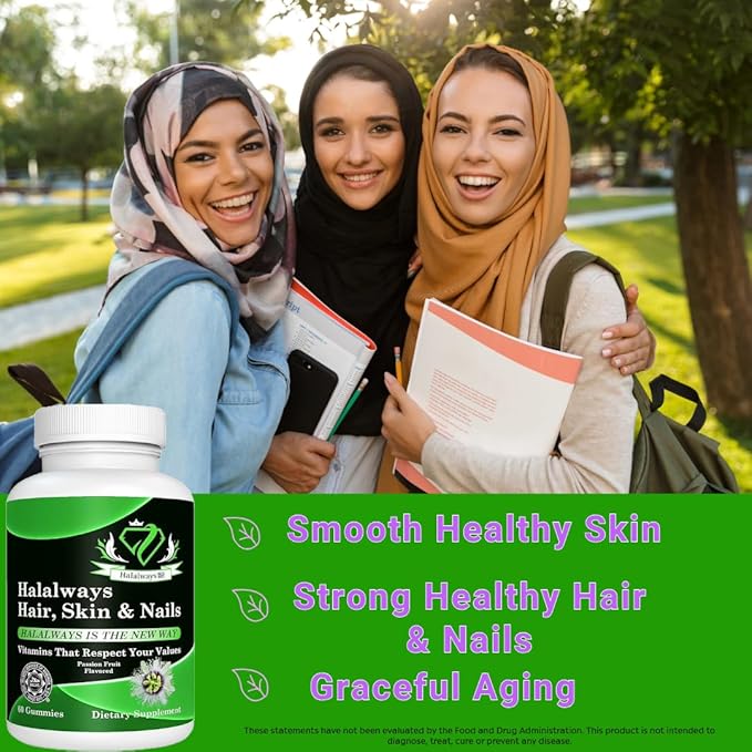 Halalways Hair, Skin & Nails Gummy Certified Halal Supplement Optimal Solutions Hair, Skin and Nails Gummies with Biotin 6000 mcg, Folate,Passion Flavored