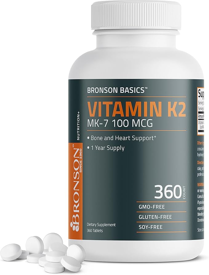 Bronson Vitamin K2 MK-7 100 MCG, K2 as MK7 Menaquinone, Bone Support 1 Year Supply, 360 Tablets