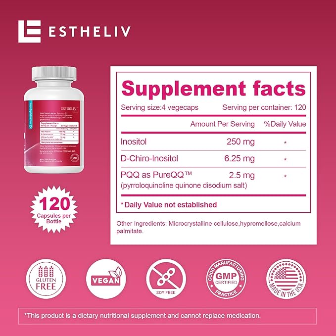 Inositol Ovarian Health Support 120 VegeCaps Supplements for Women,Myo-Inositol to D-Chiro-Inositol Dietary Supplement