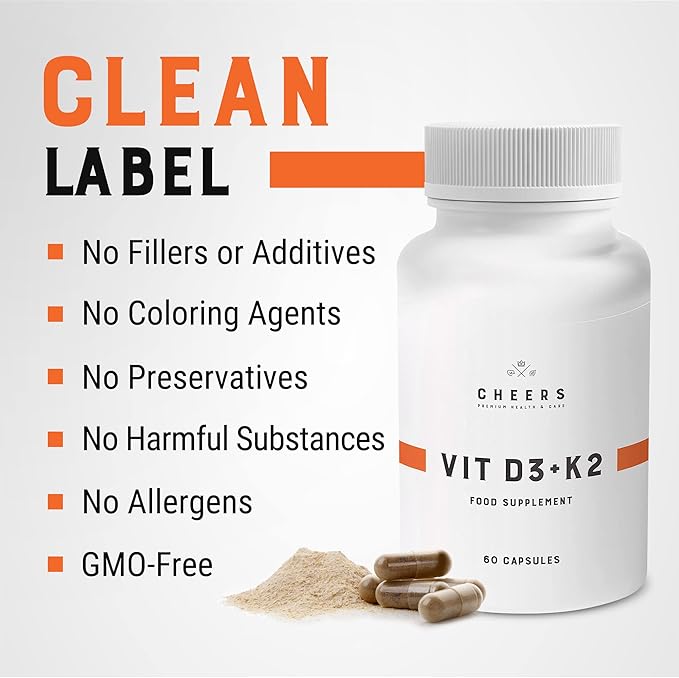 CHEERS - Vitamin D3 (a Natural Form of Vitamin D) & Vitamin K2 Food Supplement for Adults, 133% Daily Intake VIT K2 – 2000 IU Vitamin D in 1 Capsule Gluten-Free - for Men and Women