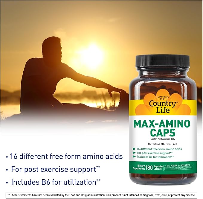 Country Life Maxi-Amino with 16 Free Form Amino Acids, 180 Vegetarian Capsules, Certified Gluten Free, Certified Vegetarian