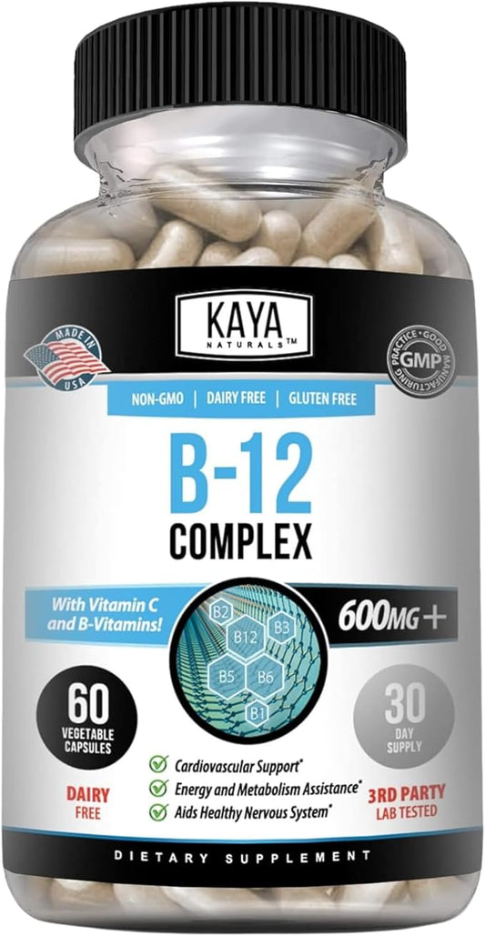 Kaya Naturals B-12 Complex | Multivitamin Supplement for Women & Men | Energy and Metabolism Booster | Vitamin Supplement with Biotin, Choline, Inositol, Folate, and Vitamin C – 60 Count