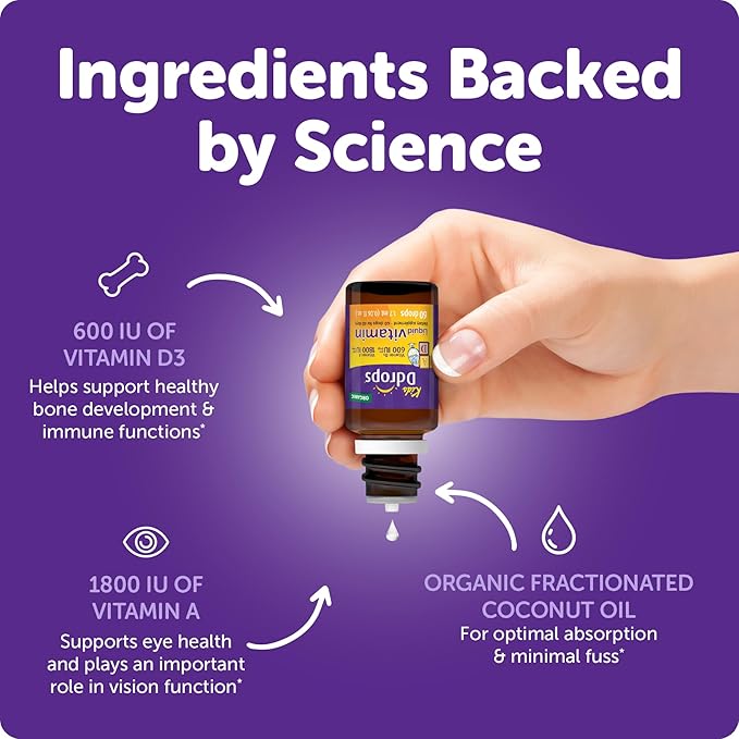 Ddrops® Kids Organic Liquid Vitamins – Daily Vitamins A&D Drops for Kids, 60 Drops. Supports Eye Health, Bone Development and Immune Function. Certified Organic, Non-GMOs, Allergy-Friendly