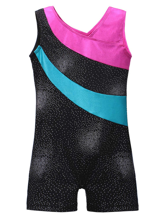 Leotards Black for Girls Gymnastics with Shorts Sparkle Butterfly Flowers Pattern Sleeveless Biketards Hotpink Black (Black, 100(3-4 years old))