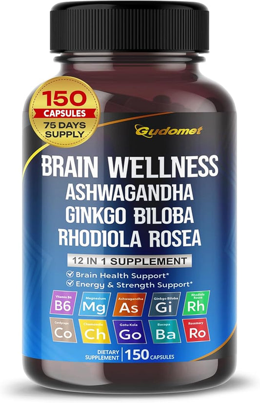 Brain Wellness Ginkgo Biloba Rhodiola Cordyceps Chamomile Ashwagandha Gotu Kola Bacopa Rosemary Holy Basil Black Pepper -150 Capsules- Made in USA