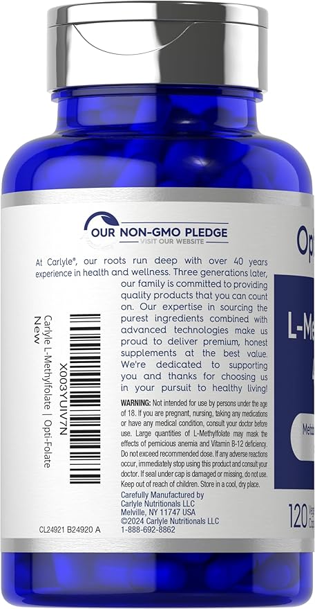 Carlyle L Methylfolate 400mcg | 120 Capsules | Vegetarian | Non-GMO, Gluten Free | Optimized and Activated Methyl Folate | by Opti-Folate