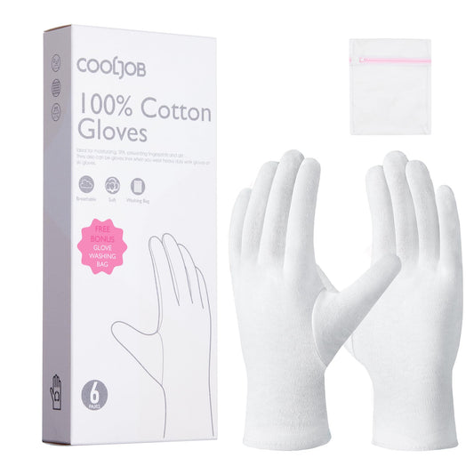 COOLJOB 100% Cotton Gloves, 6 Pairs White Cotton Gloves for Dry Hands Moisturizing & Eczema, Overnight Lotion, Sleep & Spa Treatment for Women & Men, Breathable Work Glove Liners, Medium Size