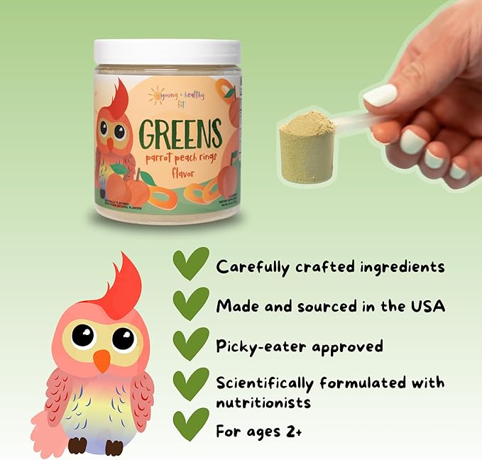 Kids Greens Powder, 30 Servings, Parrot Peach Ring, Superfood Drink Mix with Fiber for Digestive Health, Organic Fruits & Vegetables, Antioxidants, Real Food Ingredients, Ages 2+