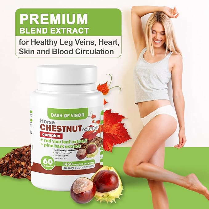 Dash of Vigor 12-in-1 Horse Chestnut Extract Complex, Red Vine Leaf Extract Supplement, Pine Bark, Turmeric, Hawthorn Berry, Ginger, Cayenne Pepper, Chamomile, Leg Vein Support, 1460 mg, 60 Capsules